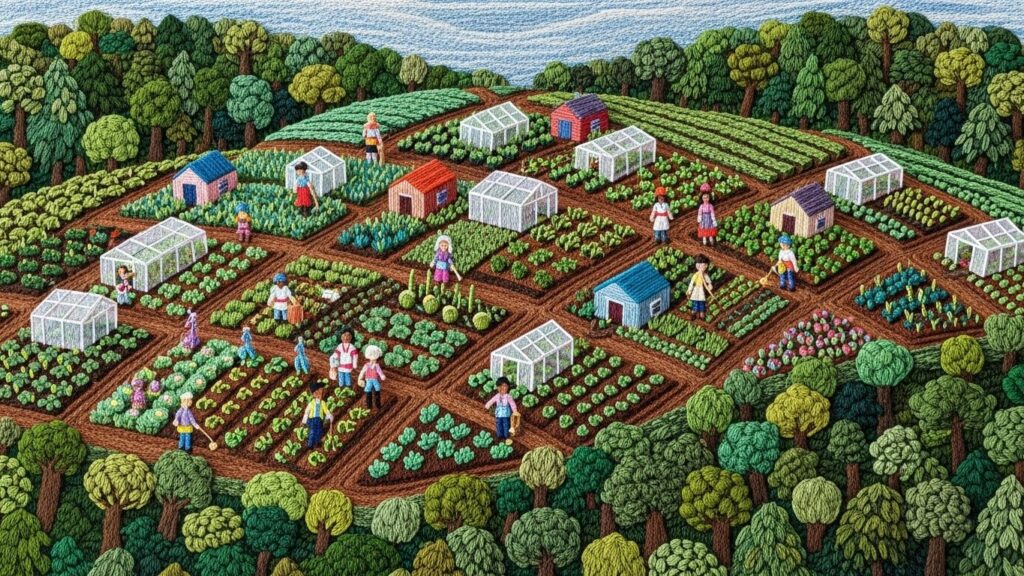 Embroidered image of people working in the garden