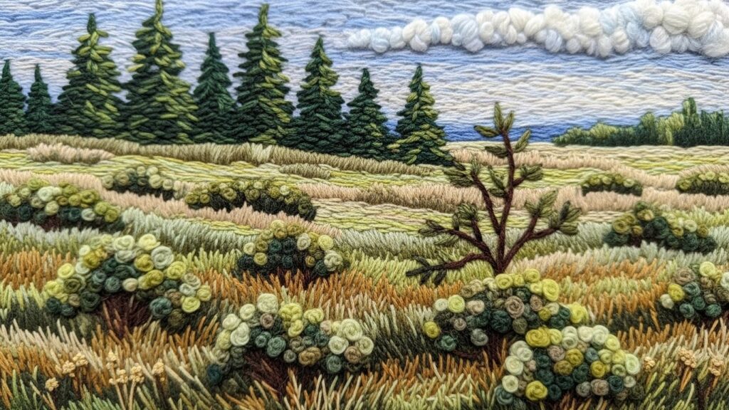 Brushy embroidered field in New Brunswick